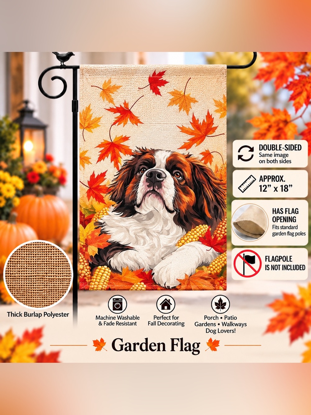 Garden flag, autumn Saint Bernard, burlap polyester, double-sided, 12” x 18”